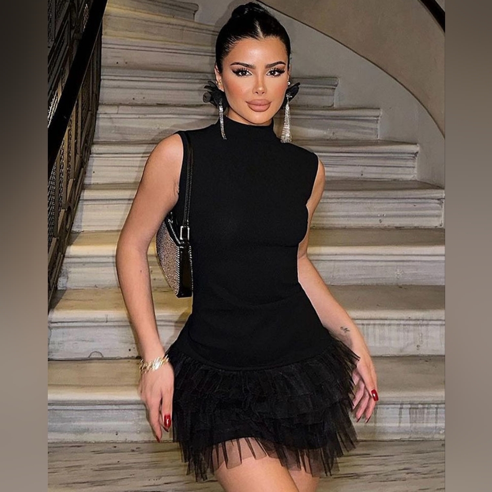 Chic Black Ruffled Mini Dress - Picture 7 of 9
